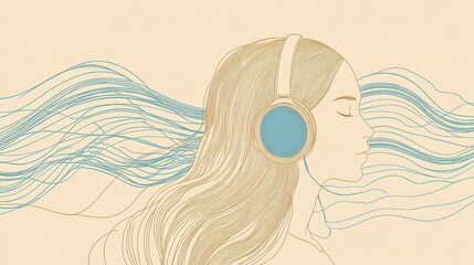 Wall Mural - a minimal single line art of a woman wearing headphones, with sound waves rippling out from her head, hand drawn style minimalist line art, beige colors and cool blue tones, cream-colored