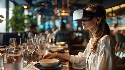 woman wearing a virtual reality headset sits at a table in a restaurant. she is looking to the side,