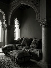 Wall Mural - Black-and-white image of cushions in an Arabian house alcove.