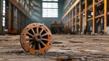 Rusty wheel on the ground in an abandoned industrial warehouse., 3D illustration