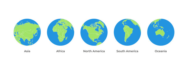 earth map globe icon set with five continents vector. continents front facing green and blue color a