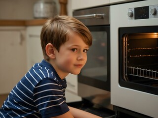 Boy admiring a cake in the oven.