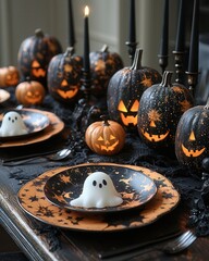 Wall Mural - Spooky Halloween Table Setup with Decorations and Pumpkins