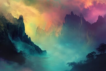 Misty Mountain Range with Colorful Clouds and Fog