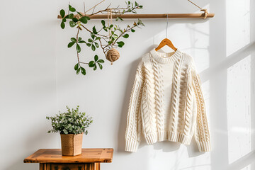 Cozy knitted sweater hanging on a wooden branch with greenery in a bright room
