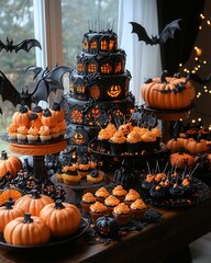 Wall Mural - Spooky Halloween Dessert Table with Black and Orange Theme