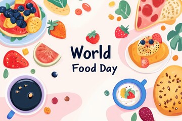 Wall Mural - World Food Day poster or banner design on a white background. Top view of delicious breakfast dishes and flying eggs, bacon, cheese slices, tomato pieces