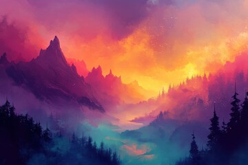 Wall Mural - A Serene Mountain Landscape Under a Vibrant Sunset Sky