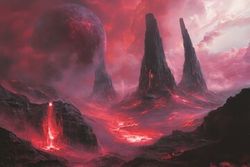 Wall Mural - A fiery alien landscape with a red planet in the sky and tall black rock formations