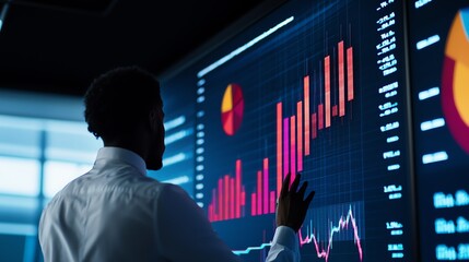 Wall Mural - Business professional analyzing data on a digital screen.
