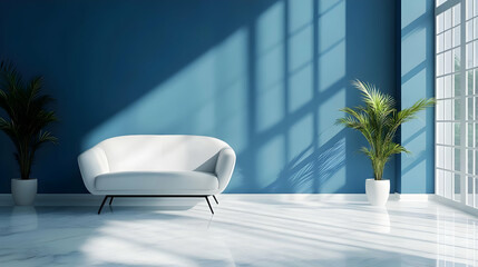 Modern Interior Design with White Sofa and Blue Walls 3D Illustration