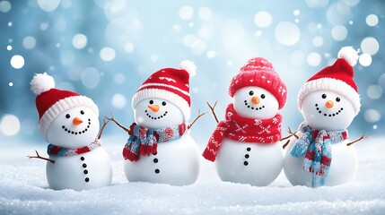 Wall Mural - Four cheerful snowmen in winter attire stand together in a snowy landscape, celebrating the festive season.