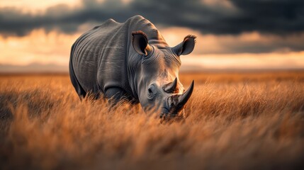 a serene rhinoceros is seen in the grassland, framed by a dramatic sky backdrop, highlighting the be
