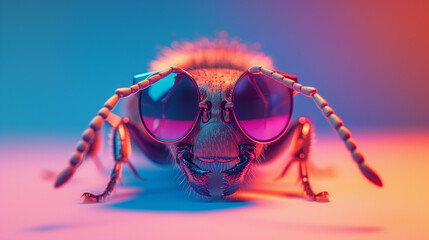 Wall Mural - An ant wearing sunglasses in front of a colorful neon background