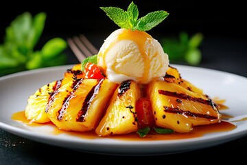 Delicious grilled pineapple slices served with vanilla ice cream, drizzled with caramel sauce, and garnished with fresh mint leaves.