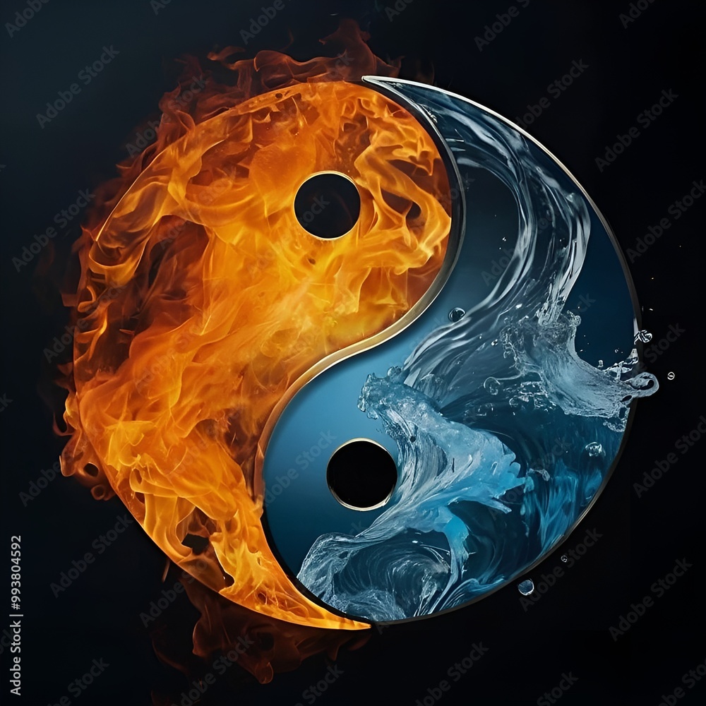Yin yang symbol with fire and water elements creating dynamic balance ...