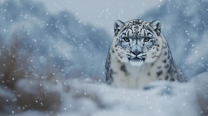 A snow leopard blending into a snowy landscape, with room for copy space in the foreground.