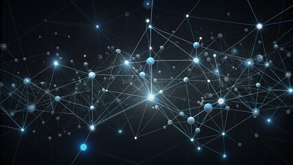 Poster - abstract representation of network connections with glowing nodes and lines on blue and green bokeh 