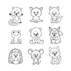 Wall Mural - set of cartoon cute animals including squirrel, fox, bear, hedgehog, pig, raccoon, mouse, frog and w