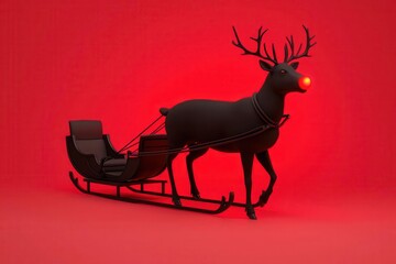 Black reindeer with a glowing red nose pulling a sleigh, 3D illustration