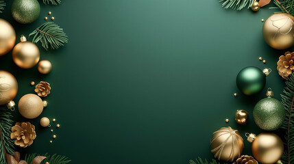 Wall Mural - Christmas and New Year minimalistic background with golden and green ornaments on an emerald green background, framed with festive decor. Copy space for text.  Christmas and New Year holidays