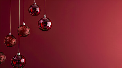Wall Mural - Rich red and burgundy Christmas background with hanging ornaments. Christmas decorations featuring crimson and wine-colored ornaments on a deep red background with copy space.