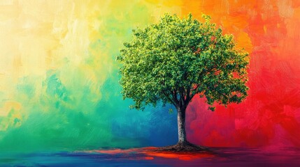 Wall Mural - A vibrant tree, lush with green leaves, set against a colorful backdrop, representing eco-friendliness and sustainability with ample text space