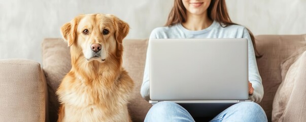 Happy person sitting on a sofa with a laptop, surrounded by pets while working remotely   home comfort, pet-friendly remote work