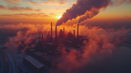 Industrial Sunset: A Silhouette of Smokestacks Against the Setting Sun