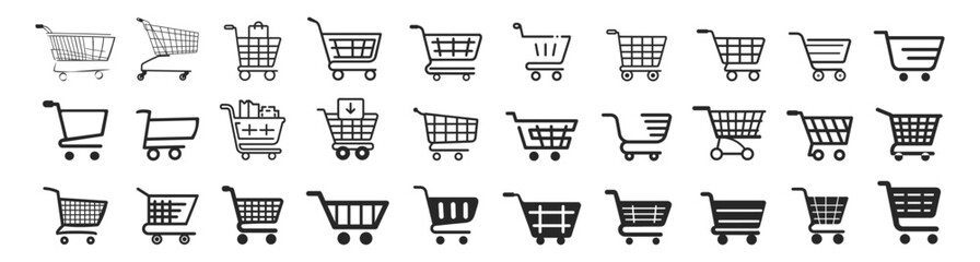 Shopping cart icon set isolated on transparent background. Shopping cart web icons in line style. Shop basket, mobile shop, online store, bag, add, collection.