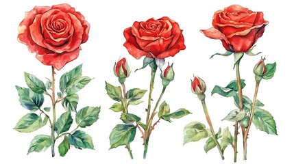 A watercolor illustration of red roses in various stages, showcasing their beauty and natural elegance.