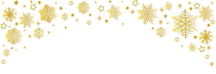 Fototapete - Snowflake seamless border. Golden glitter background with falling glitter confetti and  snowflakes. Luxury sparkling confetti.  Falling gold glitter.  Dust golden sparks. Christmas background.