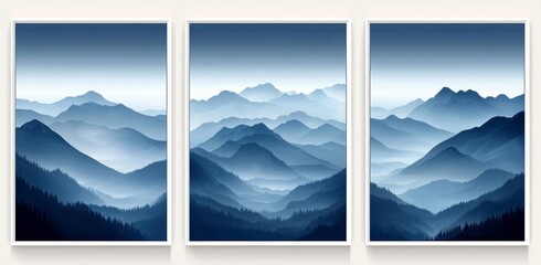 3 simple vector illustrations of a mountain landscape, in dark blue tones