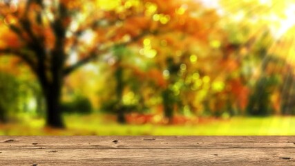 Wall Mural - bright defocused lights in colorful autumn tree leaves with empty wooden table in foreground for product display, nature beer garden backdrop