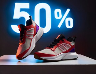 Pair of modern sports shoes with big 50% discount neon sign behind