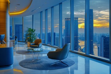 Modern Office Interior with City Skyline View at Sunset