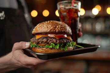 ai generative hand carrying tray containing burger and cola