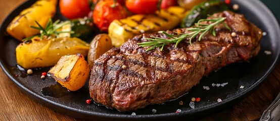 A delicious and hearty meal featuring a perfectly cooked steak and grilled vegetables on a rustic wooden board.