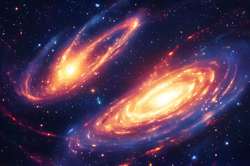 Poster - Two vibrant galaxies swirling in a cosmic scene filled with stars and nebulae.