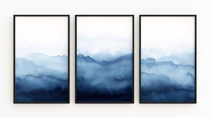 3 watercolor blue and white gradient abstract paintings on canvas