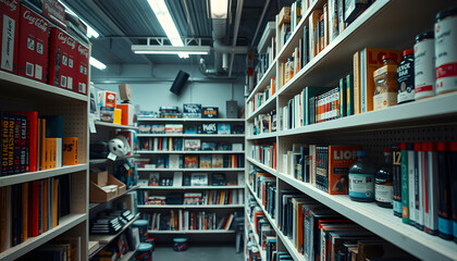 Bookshelf with Various Books and Objects.