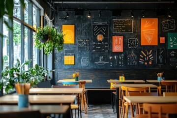 Wall Mural - Empty cafe interior with wooden tables and chairs