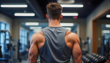 Back View of Man with Muscular Arms at Gym.