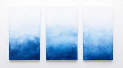 3 watercolor blue and white gradient abstract paintings on canvas