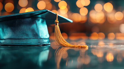 A sleek, shiny graduation cap displayed with blank copy space, ideal for celebratory messages or event invitations