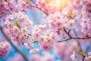 Wall Mural - Cherry blossom branch with pink flowers and soft sunlight