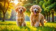 © Danicha - Adorable Poodle and Golden Retriever Mix Playing in a Sunny Park with Lush Green Grass Surrounding