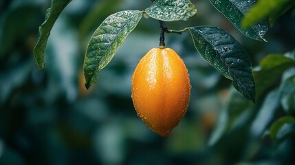 A close-up of a vibrant yellow fruit hanging from a green leafy branch.