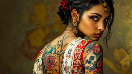 Canvas Print - Indian woman with old-school tattoos.