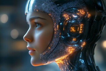 Wall Mural - Futuristic woman in metallic helmet symbolizing artificial intelligence robotics and the future of human machine interaction in a high tech world